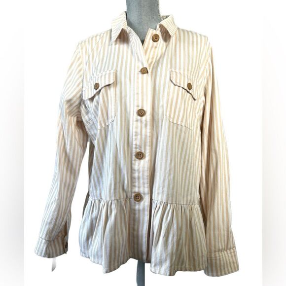 Denim & Co. Striped Button Up  Shirt/Jacket Peplum Hem Women L - Picture 1 of 4